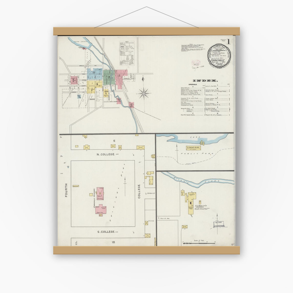 Old map wall art mockup — magnetic wood frame on white wall — Sanborn Fire Insurance Map from Evansville, Rock County, Wisconsin (1894), Sheet #0001