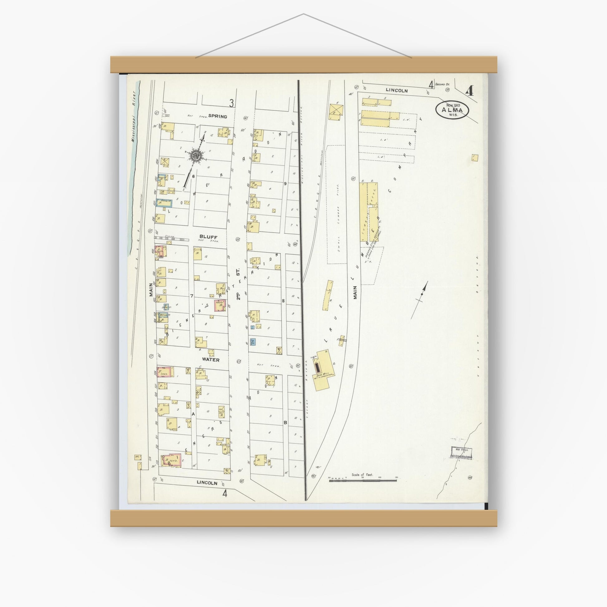 Old map wall art mockup — magnetic wood frame on white wall — Sanborn Fire Insurance Map from Alma, Buffalo County, Wisconsin (1910), Sheet #0004