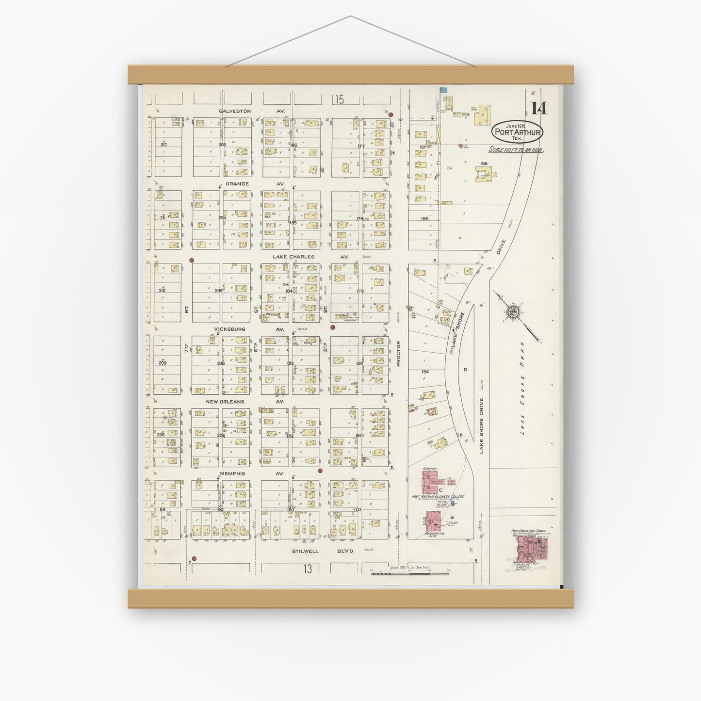 Old map wall art mockup — magnetic wood frame on white wall — Sanborn Fire Insurance Map from Port Arthur, Jefferson County, Texas (1915), Sheet #0014