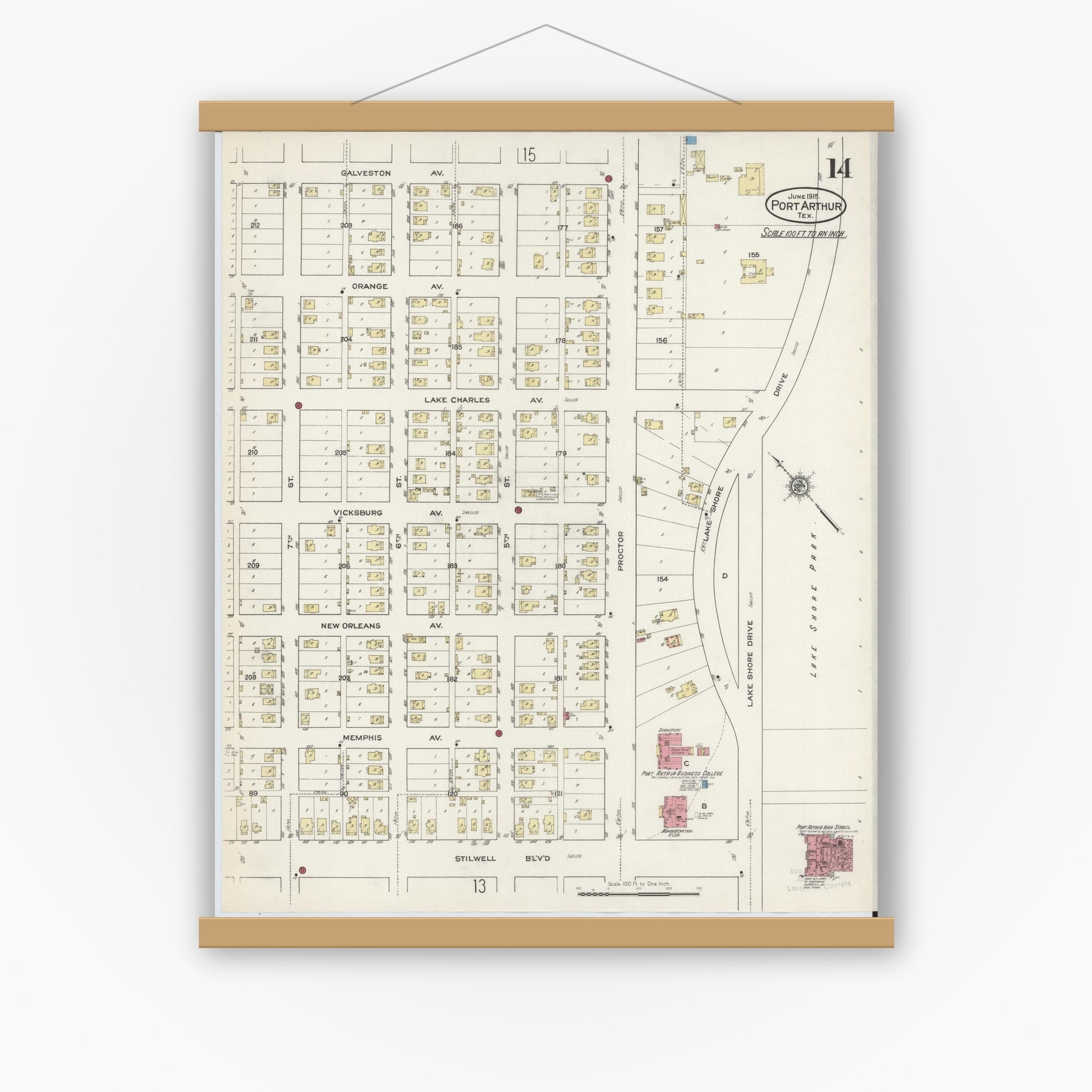 Old map wall art mockup — magnetic wood frame on white wall — Sanborn Fire Insurance Map from Port Arthur, Jefferson County, Texas (1915), Sheet #0014