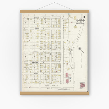 Old map wall art mockup — magnetic wood frame on white wall — Sanborn Fire Insurance Map from Port Arthur, Jefferson County, Texas (1915), Sheet #0014