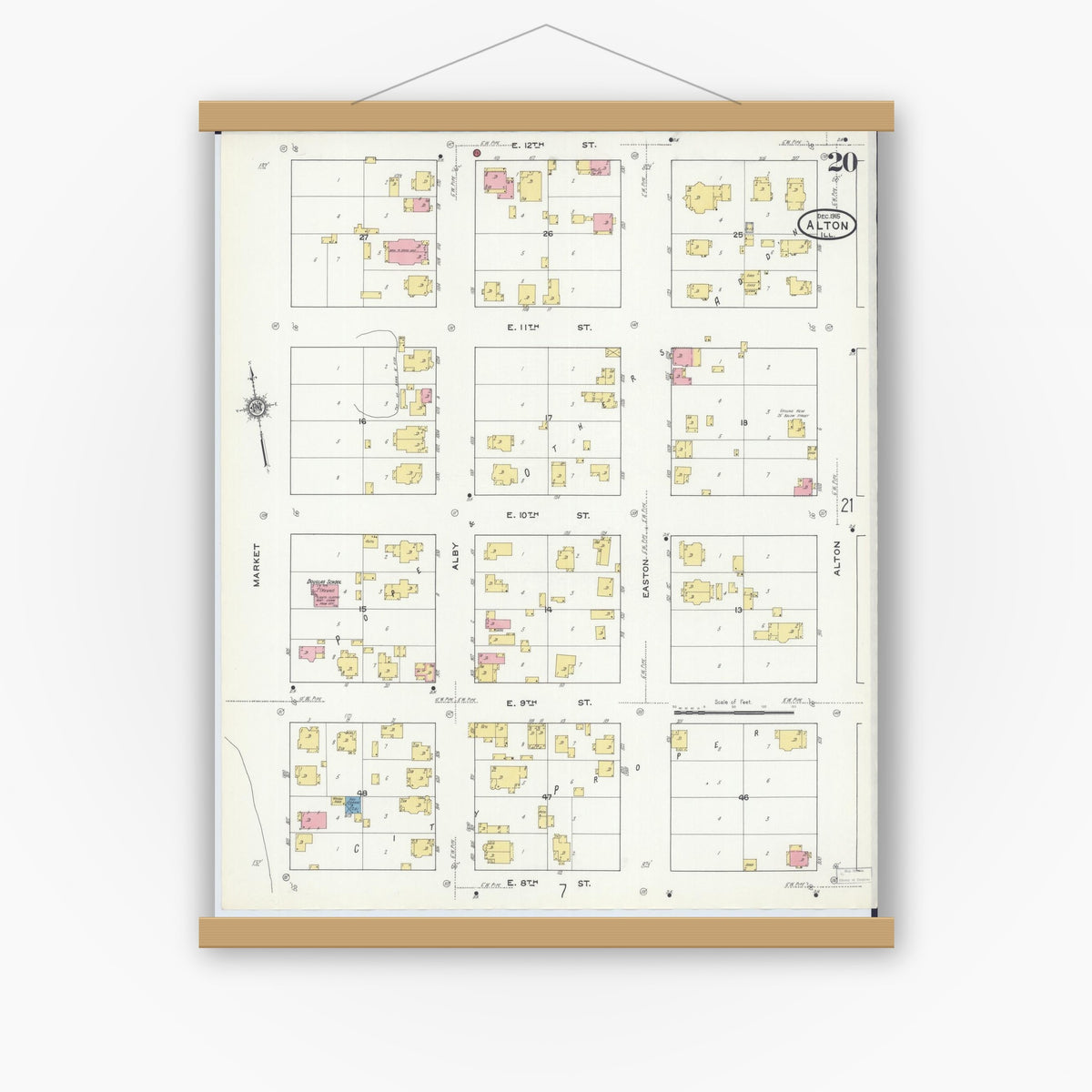 Old map wall art mockup — magnetic wood frame on white wall — Sanborn Fire Insurance Map from Alton, Madison County, Illinois (1915), Sheet #0020