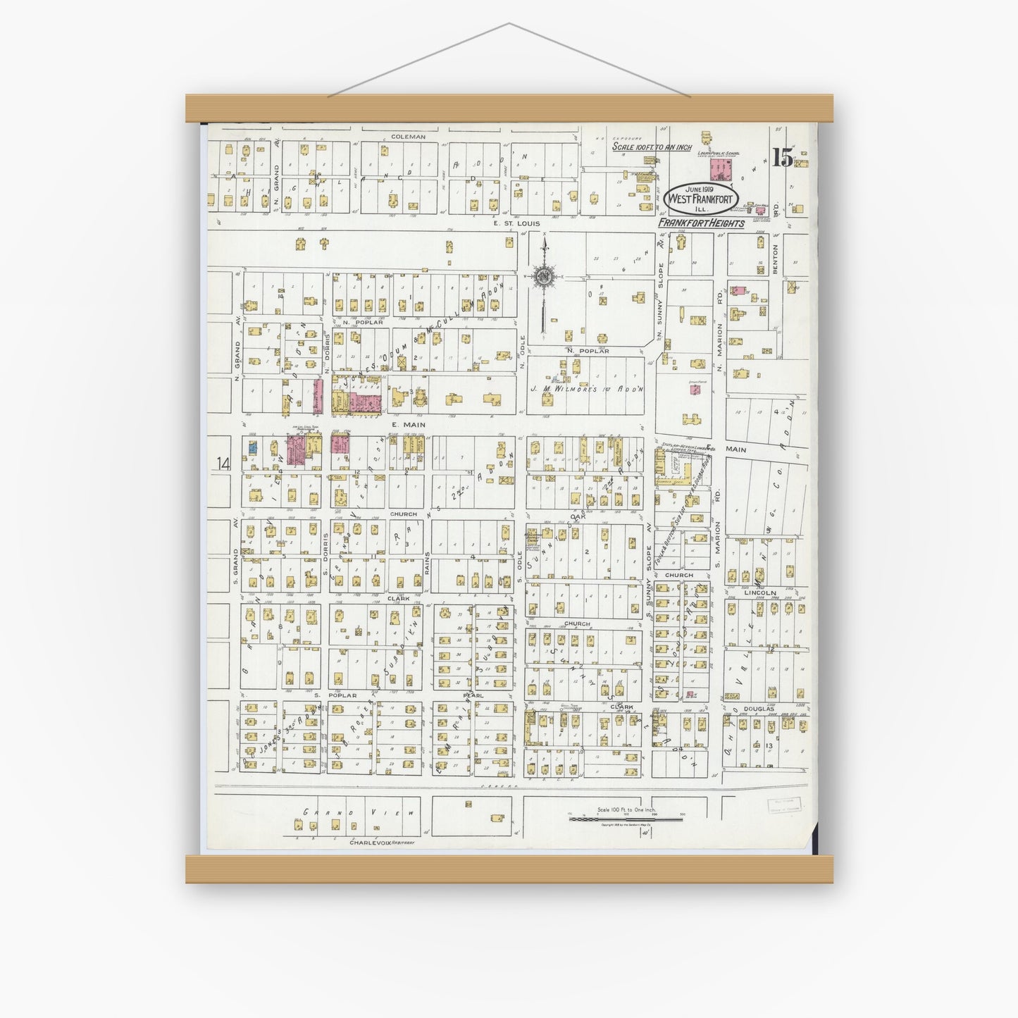 Old map wall art mockup — magnetic wood frame on white wall — Sanborn Fire Insurance Map from West Frankfort, Franklin County, Illinois (1919), Sheet #0015