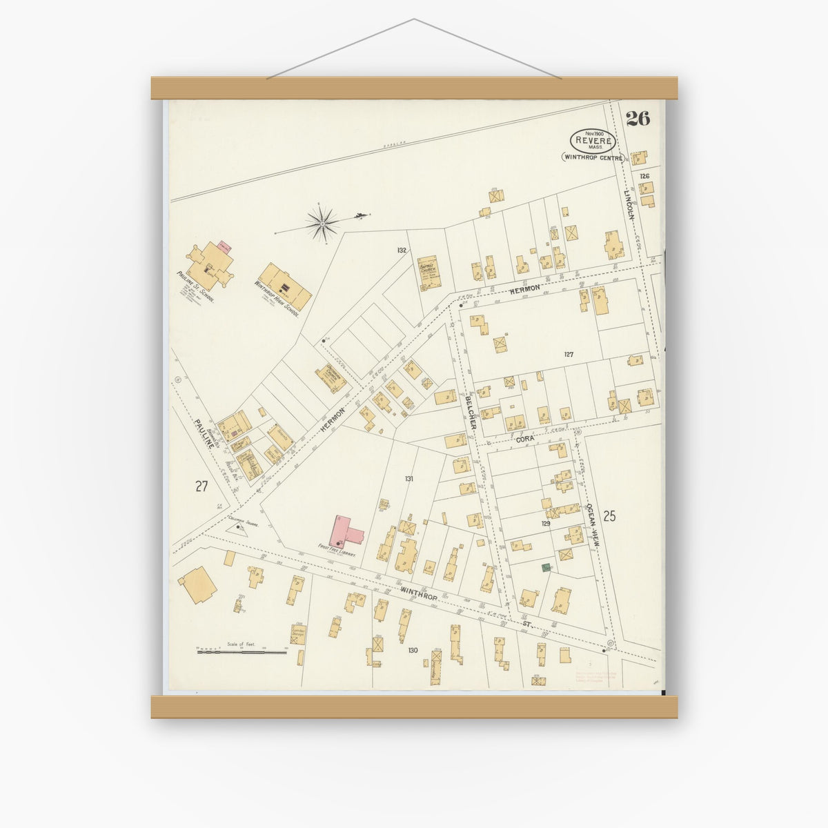 Old map wall art mockup — magnetic wood frame on white wall — Sanborn Fire Insurance Map from Revere, Suffolk County, Massachusetts (1900), Sheet #0026