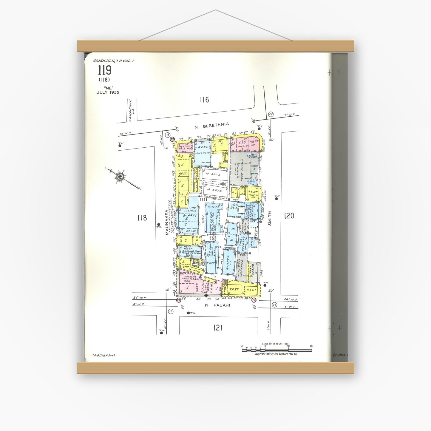 Old map wall art mockup — magnetic wood frame on white wall — Sanborn Fire Insurance Map from Honolulu, Oahu County, Hawaii (1955), Sheet #0119