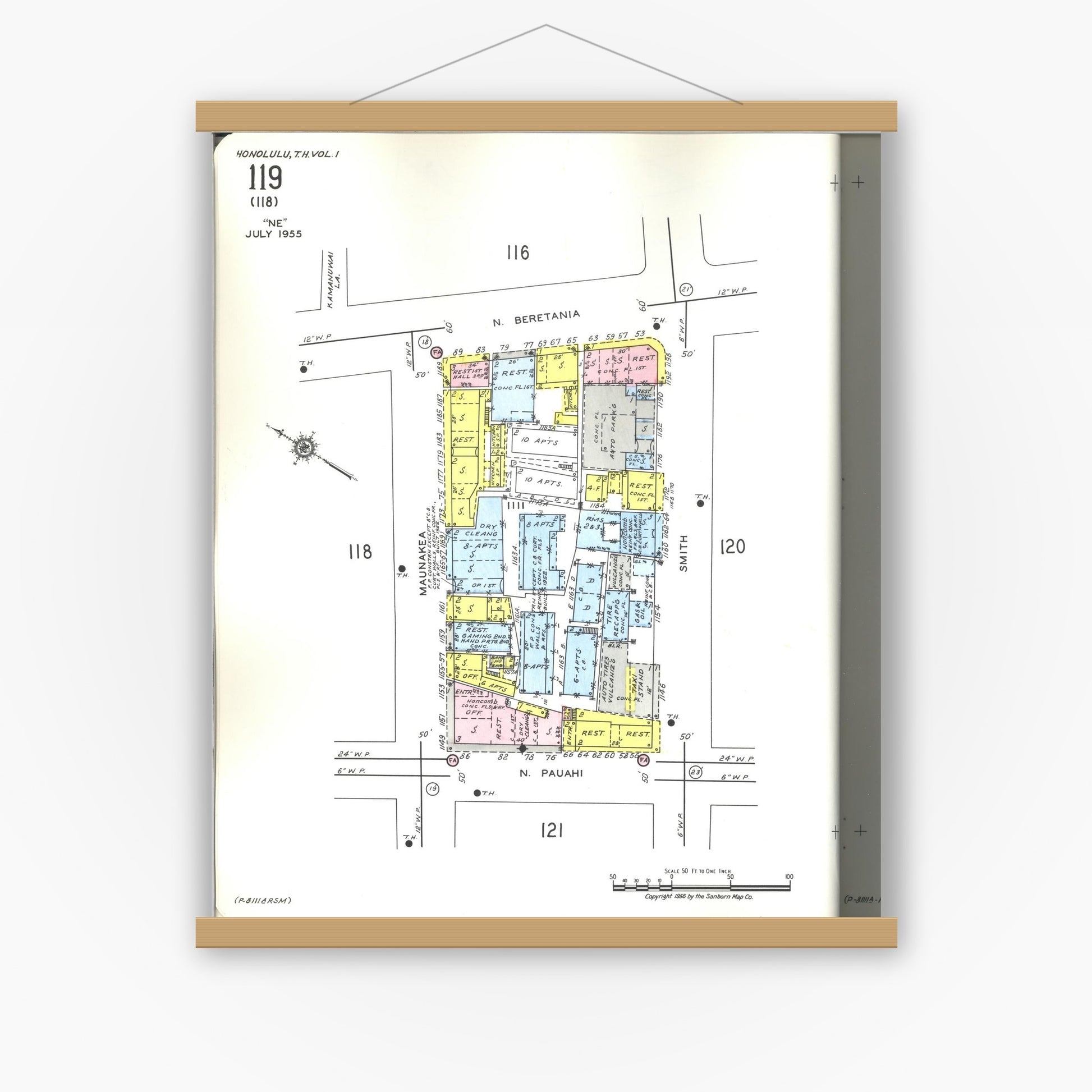 Old map wall art mockup — magnetic wood frame on white wall — Sanborn Fire Insurance Map from Honolulu, Oahu County, Hawaii (1955), Sheet #0119