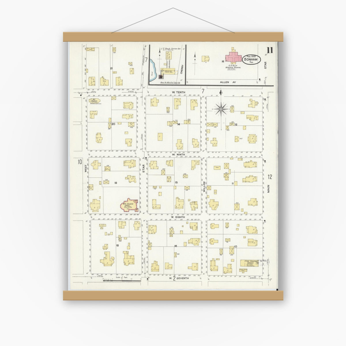 Old map wall art mockup — magnetic wood frame on white wall — Sanborn Fire Insurance Map from Bonham, Fannin County, Texas (1909), Sheet #0011