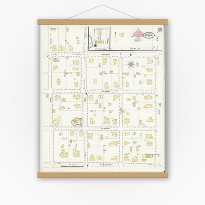 Old map wall art mockup — magnetic wood frame on white wall — Sanborn Fire Insurance Map from Bonham, Fannin County, Texas (1909), Sheet #0011