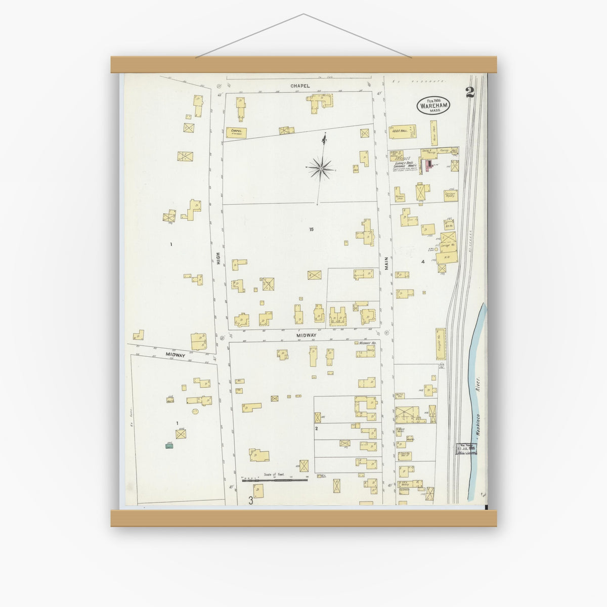 Old map wall art mockup — magnetic wood frame on white wall — Sanborn Fire Insurance Map from Wareham, Plymouth County, Massachusetts (1906), Sheet #0002