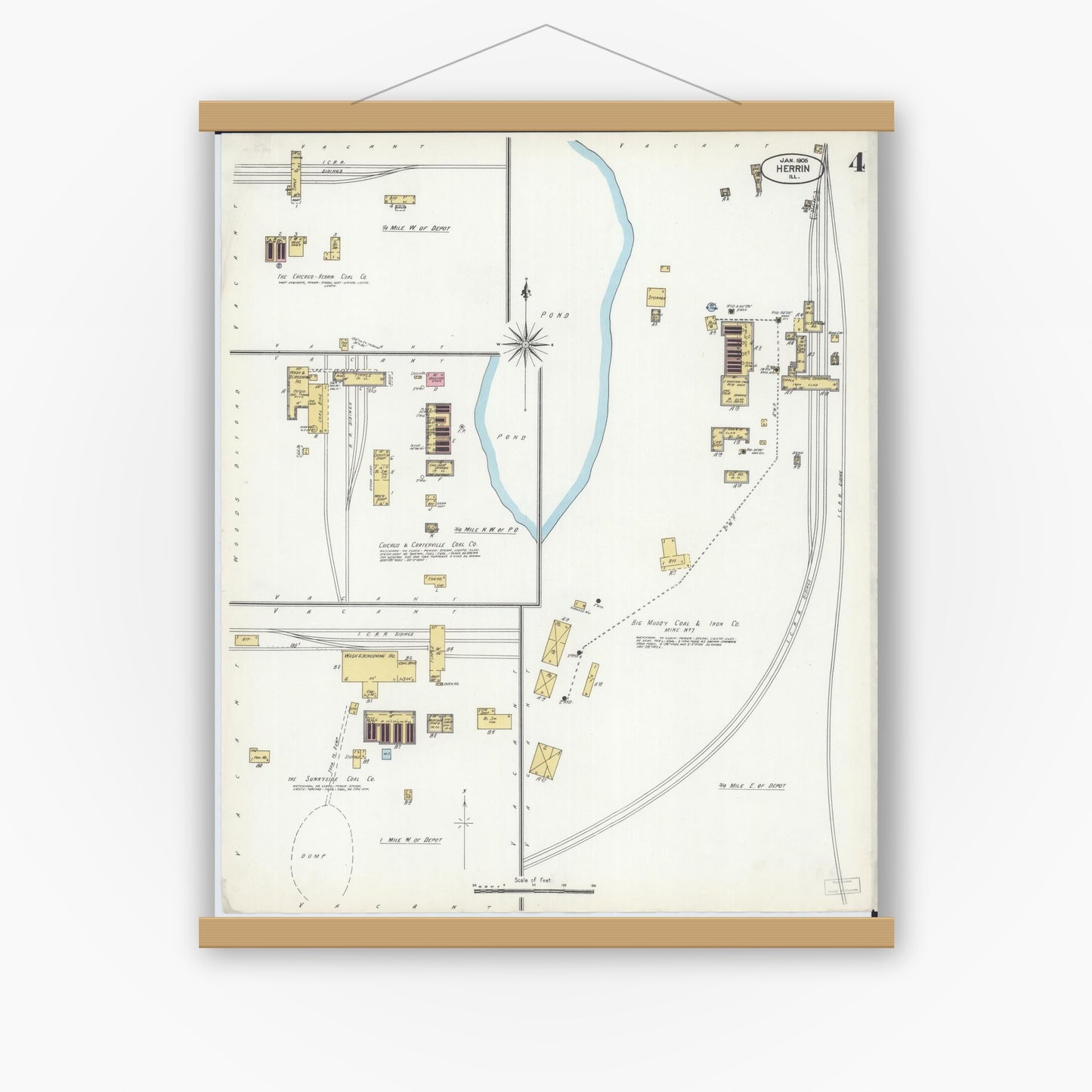 Old map wall art mockup — magnetic wood frame on white wall — Sanborn Fire Insurance Map from Herrin, Williamson County, Illinois (1905), Sheet #0004