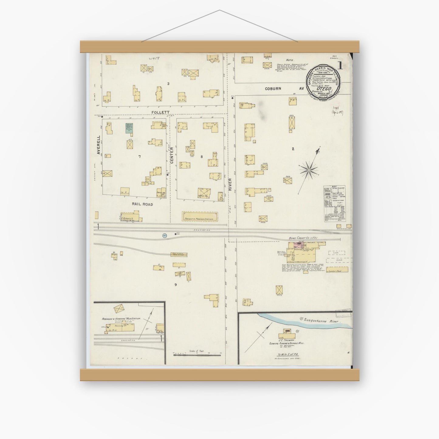 Old map wall art mockup — magnetic wood frame on white wall — Sanborn Fire Insurance Map from Otego, Otsego County, New York (1897) - Complete Map Set
