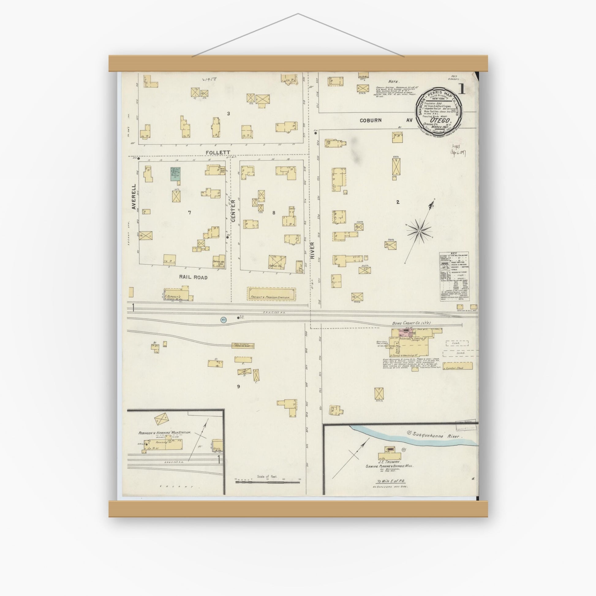 Old map wall art mockup — magnetic wood frame on white wall — Sanborn Fire Insurance Map from Otego, Otsego County, New York (1897) - Complete Map Set