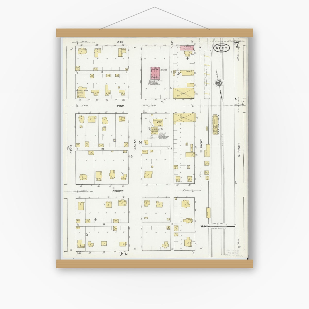 Old map wall art mockup — magnetic wood frame on white wall — Sanborn Fire Insurance Map from West, McLennan County, Texas (1921), Sheet #0007