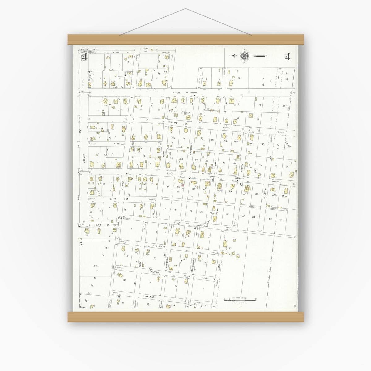 Old map wall art mockup — magnetic wood frame on white wall — Sanborn Fire Insurance Map from Sanger, Denton County, Texas (1935), Sheet #0004