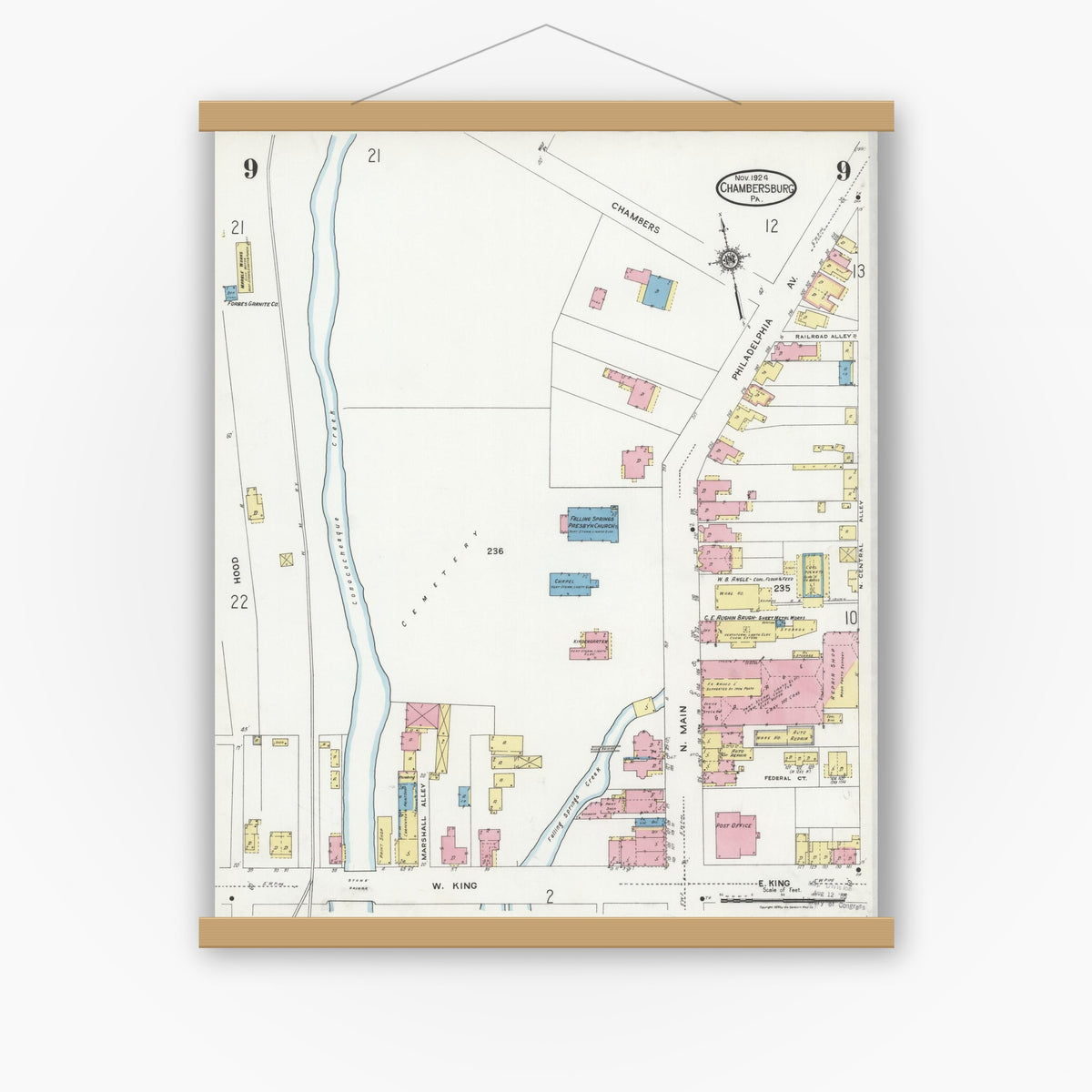 Old map wall art mockup — magnetic wood frame on white wall — Sanborn Fire Insurance Map from Chambersburg, Franklin County, Pennsylvania (1924), Sheet #0009