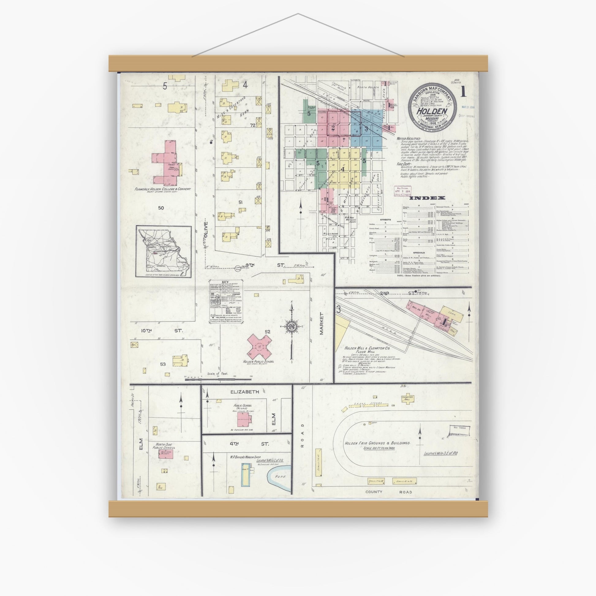 Old map wall art mockup — magnetic wood frame on white wall — Sanborn Fire Insurance Map from Holden, Johnson County, Missouri (1914) - Complete Map Set