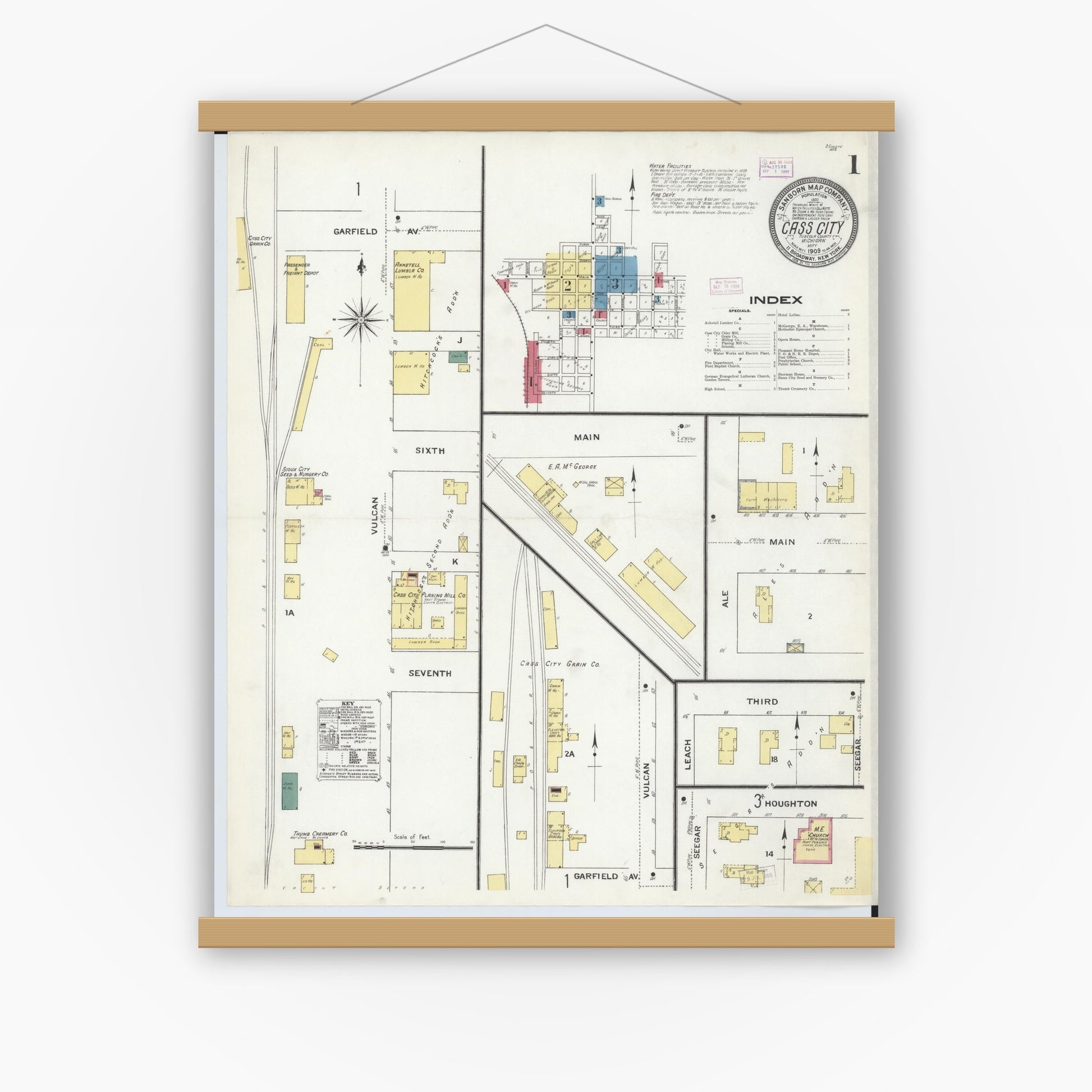 Old map wall art mockup — magnetic wood frame on white wall — Sanborn Fire Insurance Map from Cass City, Tuscola County, Michigan (1909) - Complete Map Set