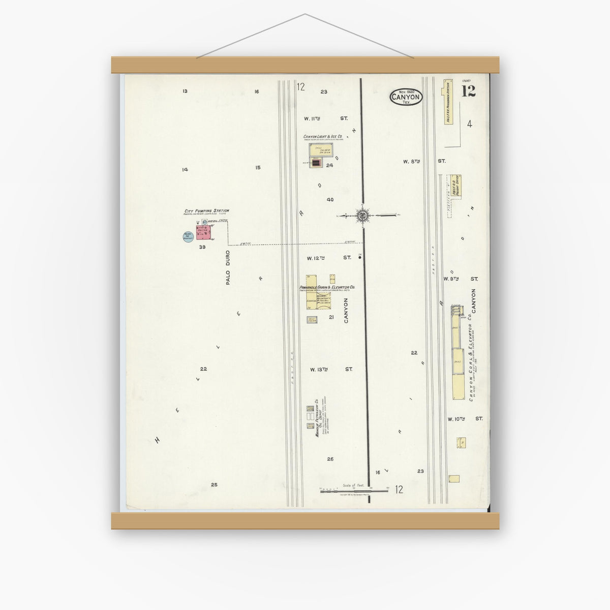 Old map wall art mockup — magnetic wood frame on white wall — Sanborn Fire Insurance Map from Canyon, Randall County, Texas (1920), Sheet #0012