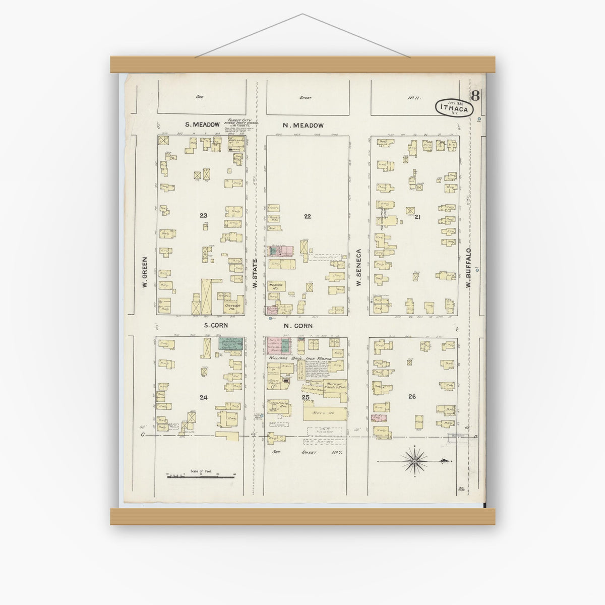Old map wall art mockup — magnetic wood frame on white wall — Sanborn Fire Insurance Map from Ithaca, Tompkins County, New York (1888), Sheet #0008