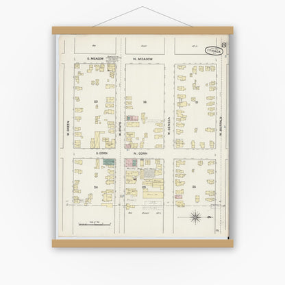 Old map wall art mockup — magnetic wood frame on white wall — Sanborn Fire Insurance Map from Ithaca, Tompkins County, New York (1888), Sheet #0008