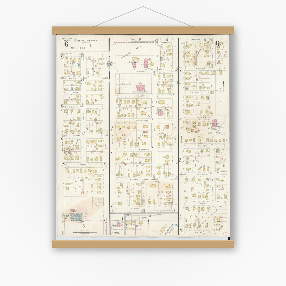 Old map wall art mockup — magnetic wood frame on white wall — Sanborn Fire Insurance Map from Tomah, Monroe County, Wisconsin (1944), Sheet #0006