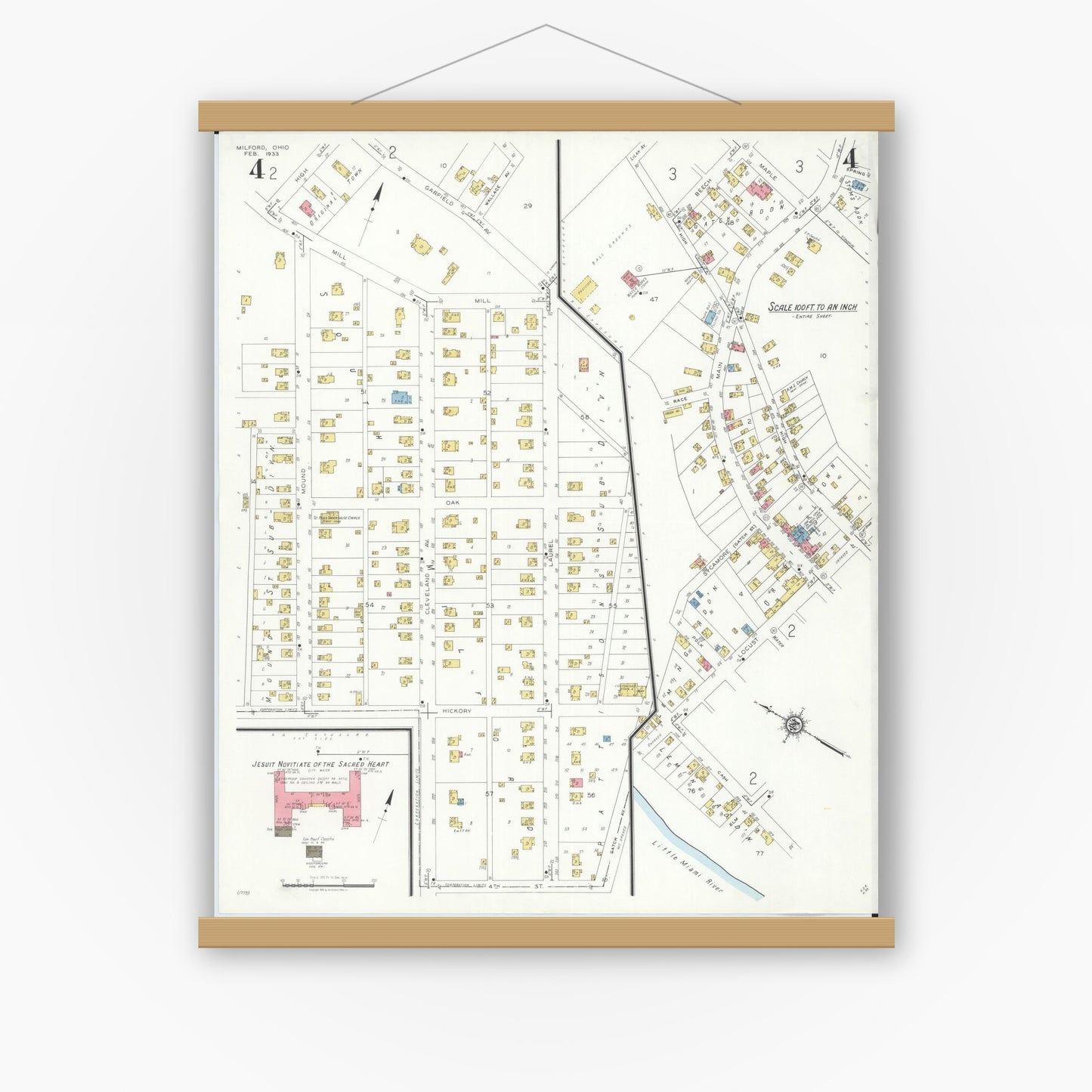 Old map wall art mockup — magnetic wood frame on white wall — Sanborn Fire Insurance Map from Milford, Clermont And Hamilton County, Ohio (1933), Sheet #0004