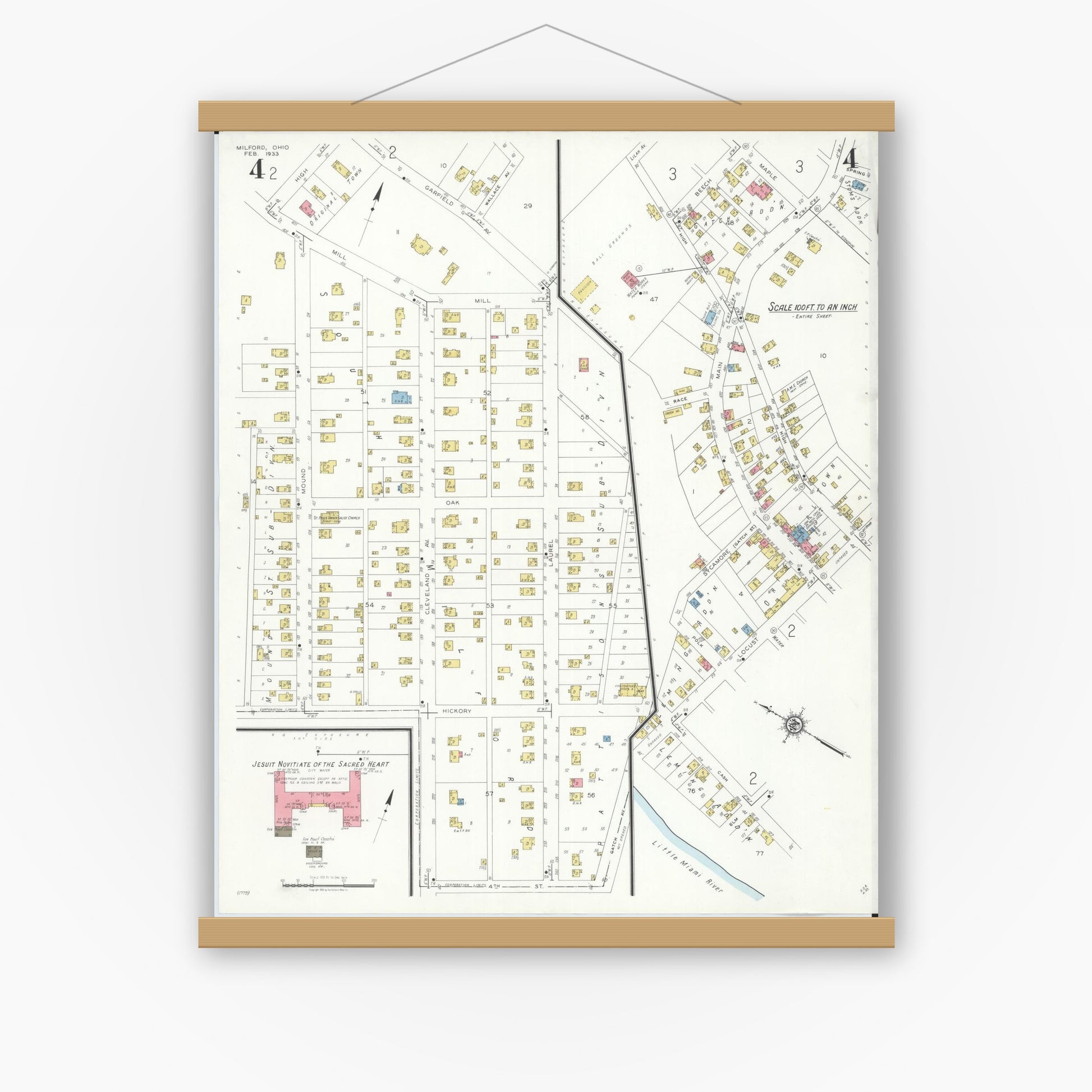 Old map wall art mockup — magnetic wood frame on white wall — Sanborn Fire Insurance Map from Milford, Clermont And Hamilton County, Ohio (1933), Sheet #0004