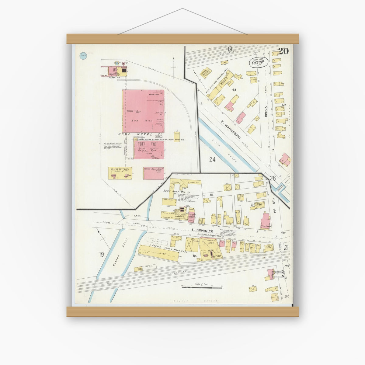 Old map wall art mockup — magnetic wood frame on white wall — Sanborn Fire Insurance Map from Rome, Oneida County, New York (1904), Sheet #0020