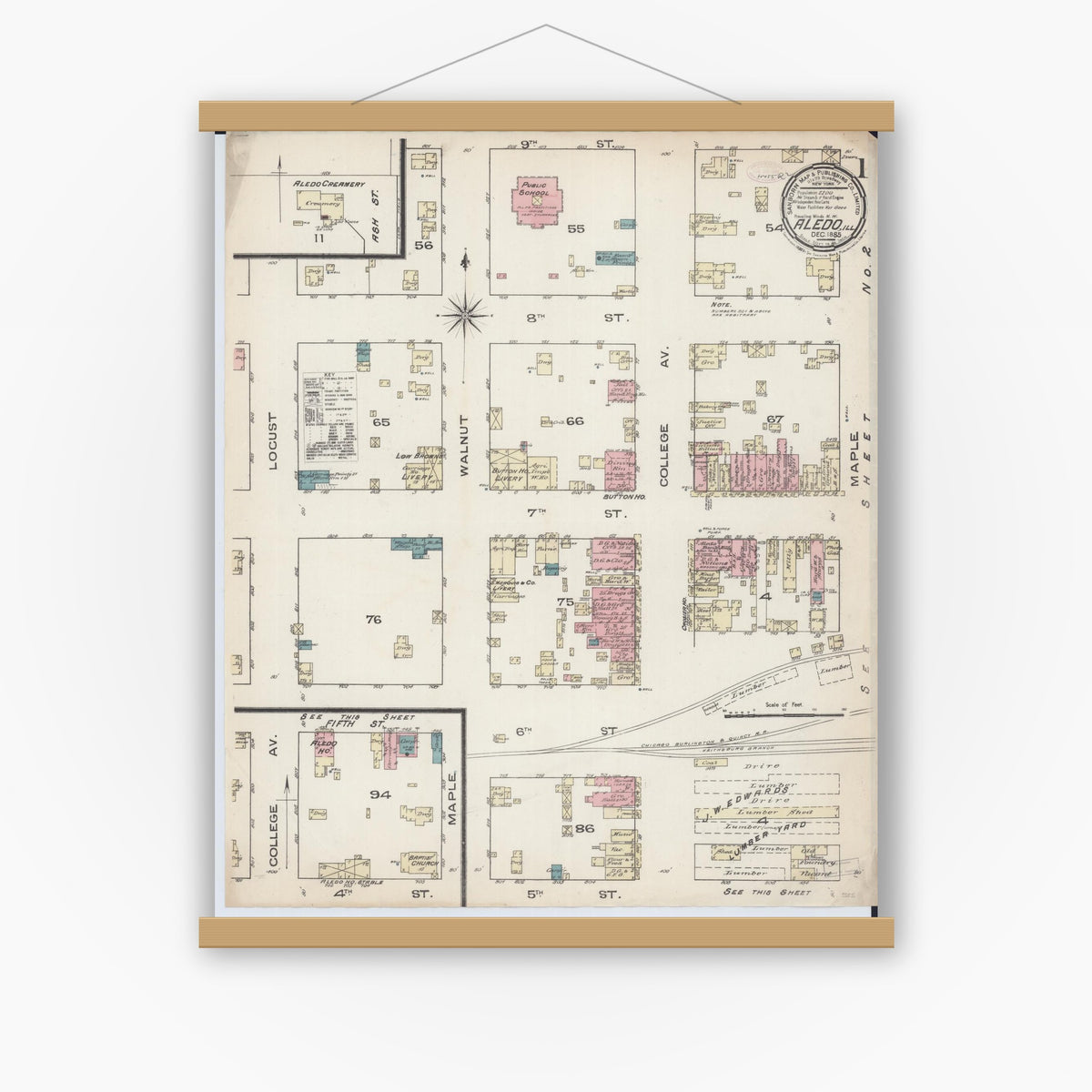 Old map wall art mockup — magnetic wood frame on white wall — Sanborn Fire Insurance Map from Aledo, Mercer County, Illinois (1885) - Complete Map Set