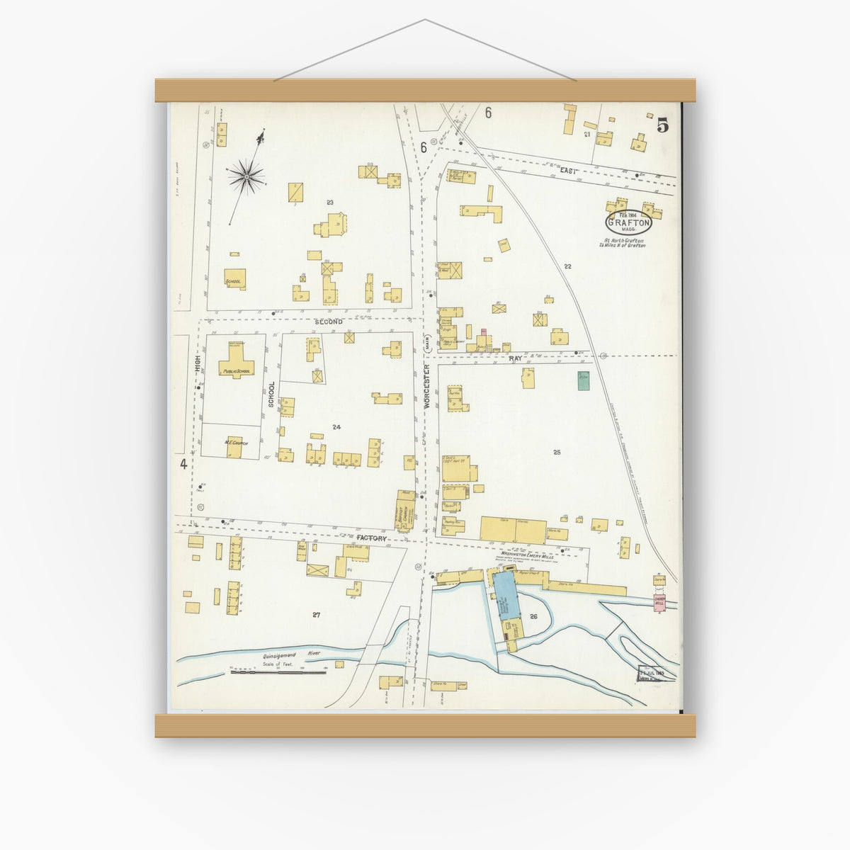Old map wall art mockup — magnetic wood frame on white wall — Sanborn Fire Insurance Map from Grafton, Worcester County, Massachusetts (1904), Sheet #0005
