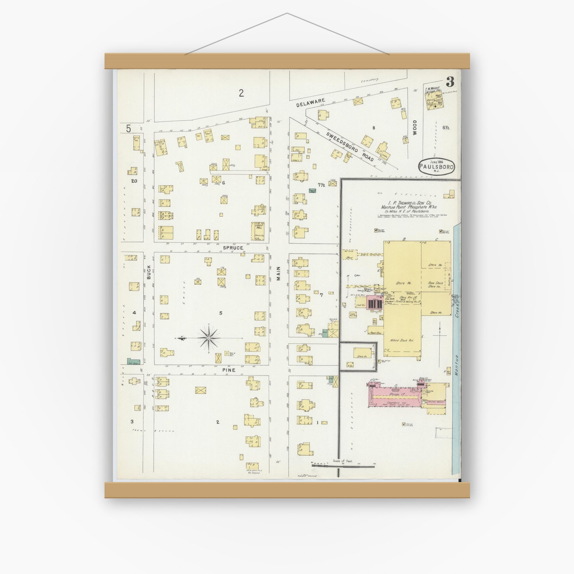 Old map wall art mockup — magnetic wood frame on white wall — Sanborn Fire Insurance Map from Paulsboro, Gloucester County, New Jersey (1896), Sheet #0003