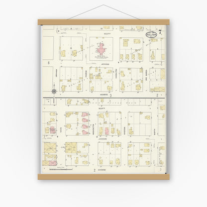 Old map wall art mockup — magnetic wood frame on white wall — Sanborn Fire Insurance Map from Sullivan, Moultrie County, Illinois (1914), Sheet #0007
