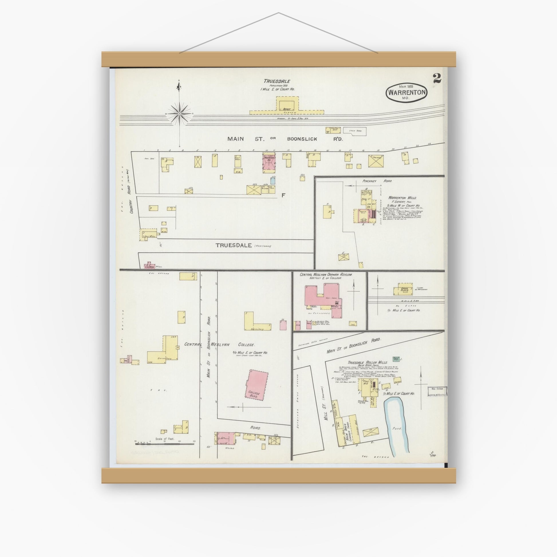 Old map wall art mockup — magnetic wood frame on white wall — Sanborn Fire Insurance Map from Warrenton, Warren County, Missouri (1893), Sheet #0002