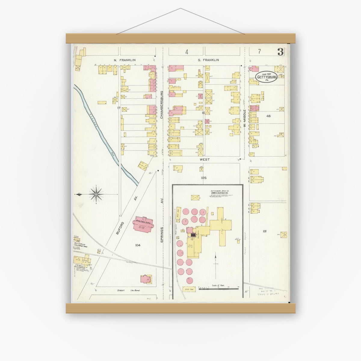 Old map wall art mockup — magnetic wood frame on white wall — Sanborn Fire Insurance Map from Gettysburg, Adams County, Pennsylvania (1907), Sheet #0003