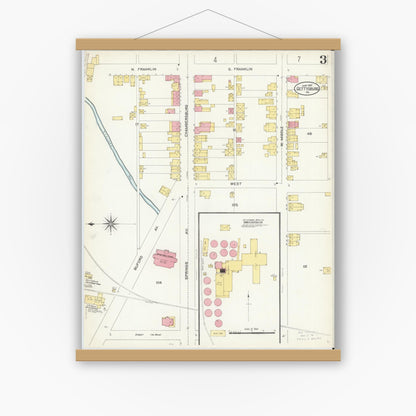 Old map wall art mockup — magnetic wood frame on white wall — Sanborn Fire Insurance Map from Gettysburg, Adams County, Pennsylvania (1907), Sheet #0003