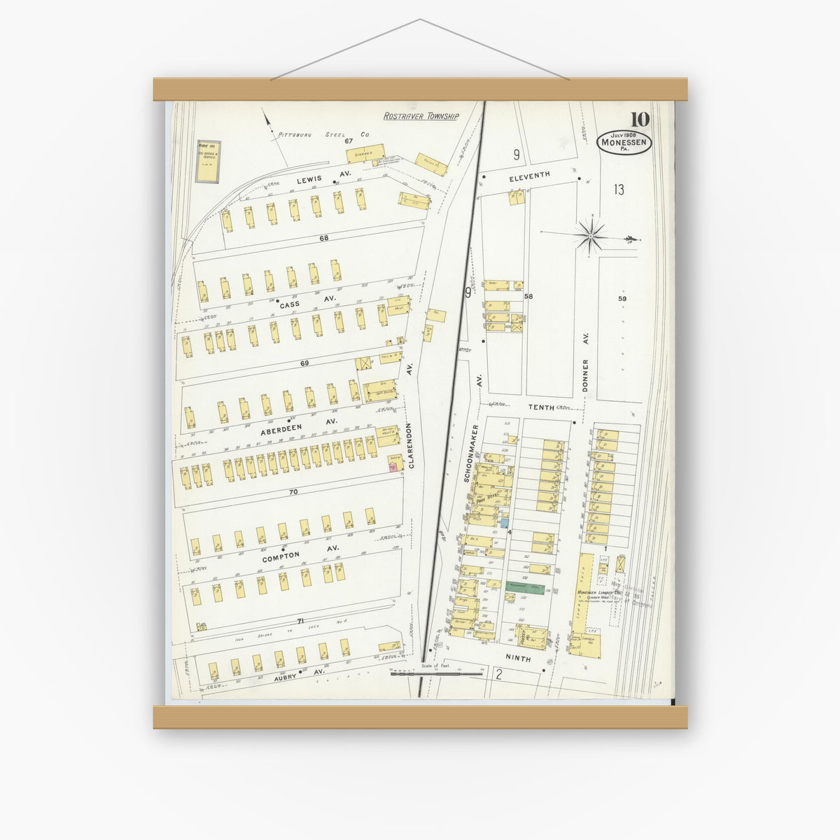 Old map wall art mockup — magnetic wood frame on white wall — Sanborn Fire Insurance Map from Monessen, Westmoreland County, Pennsylvania (1908), Sheet #0010
