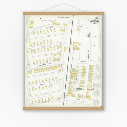 Old map wall art mockup — magnetic wood frame on white wall — Sanborn Fire Insurance Map from Monessen, Westmoreland County, Pennsylvania (1908), Sheet #0010