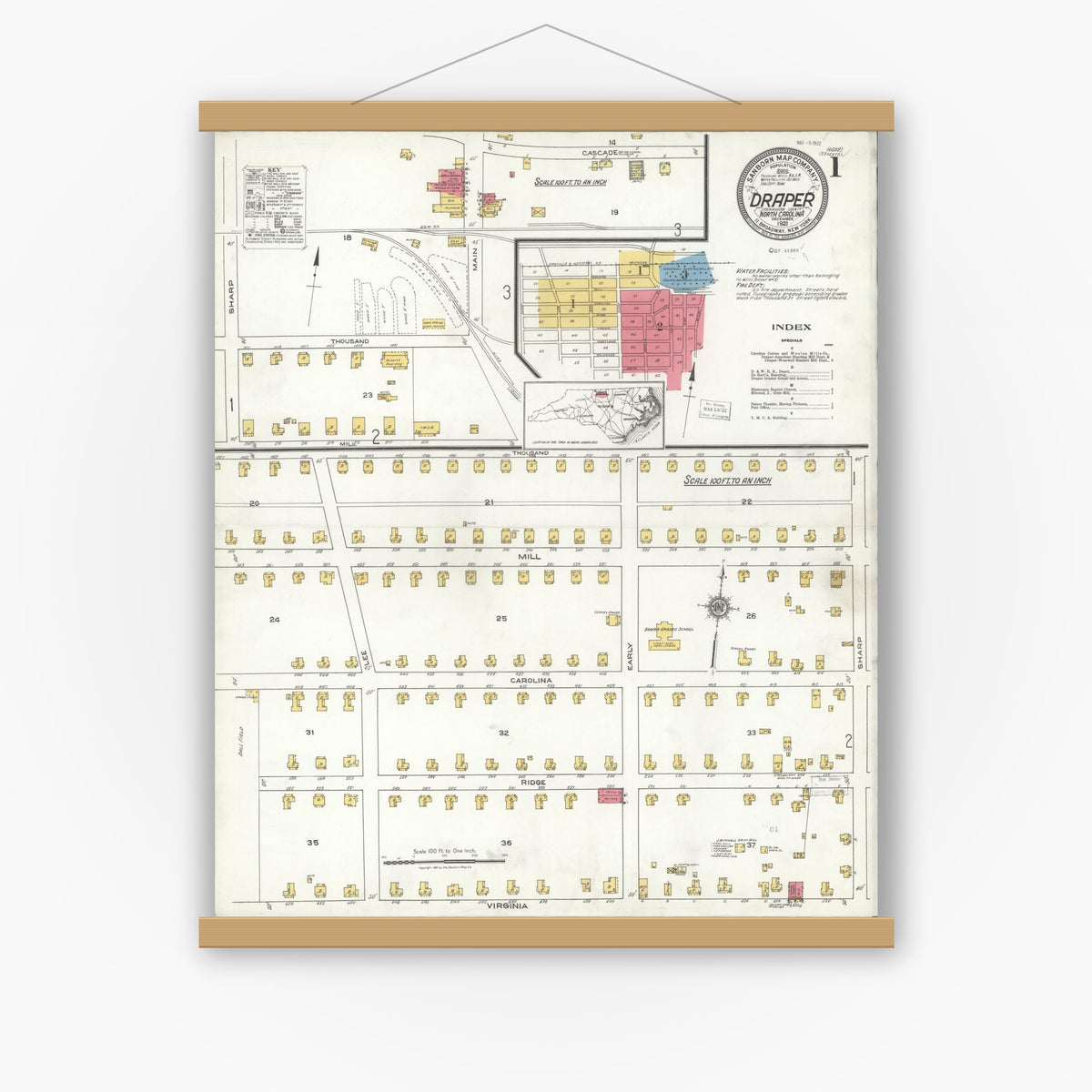 Old map wall art mockup — magnetic wood frame on white wall — Sanborn Fire Insurance Map from Draper, Rockingham County, North Carolina (1921), Sheet #0001