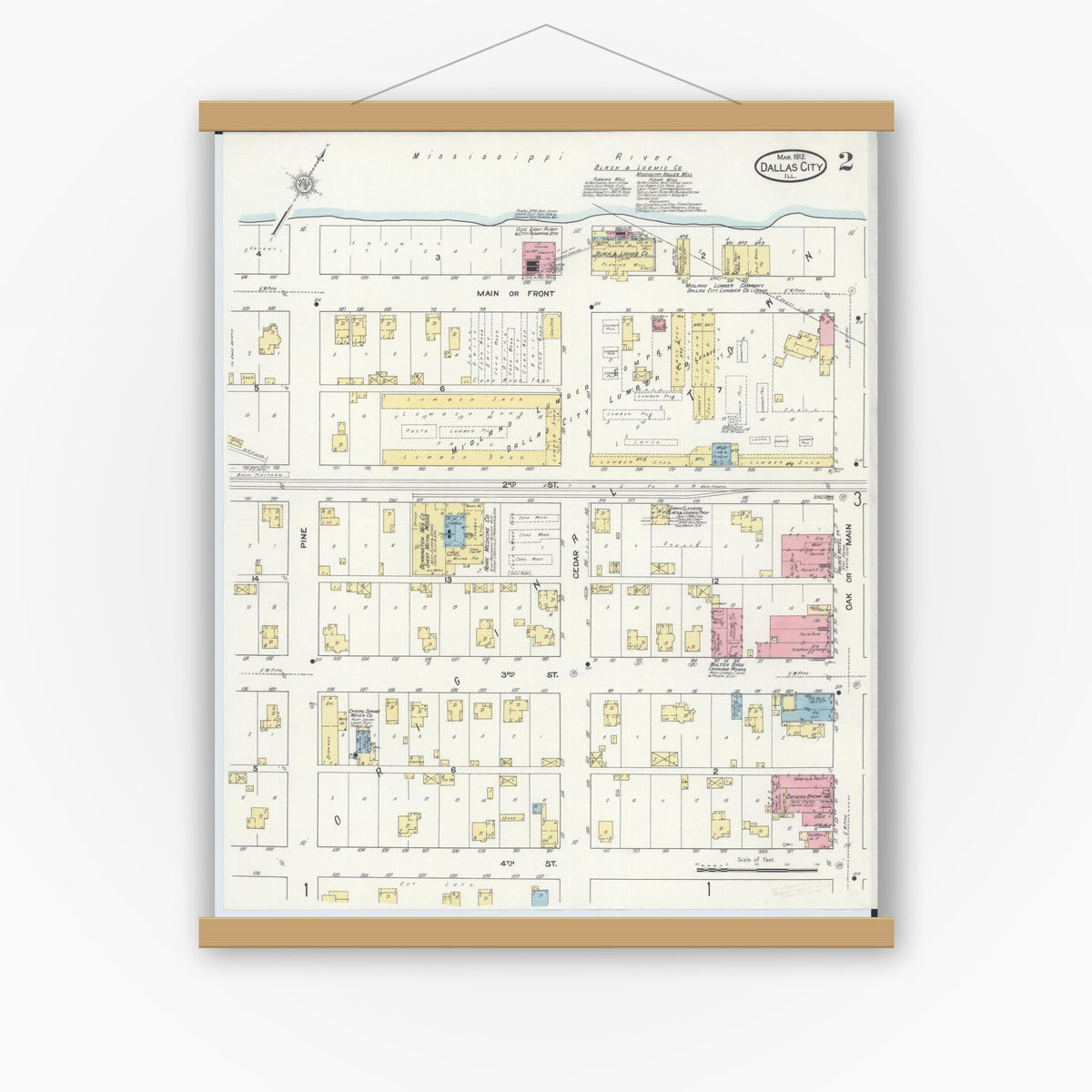 Old map wall art mockup — magnetic wood frame on white wall — Sanborn Fire Insurance Map from Dallas City, Hancock County, Illinois (1912), Sheet #0002