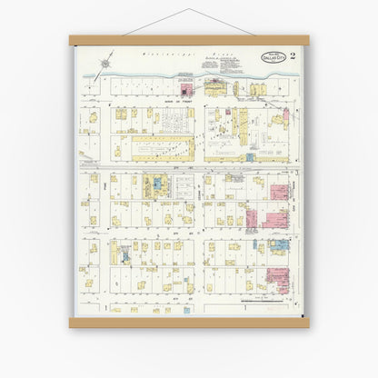 Old map wall art mockup — magnetic wood frame on white wall — Sanborn Fire Insurance Map from Dallas City, Hancock County, Illinois (1912), Sheet #0002