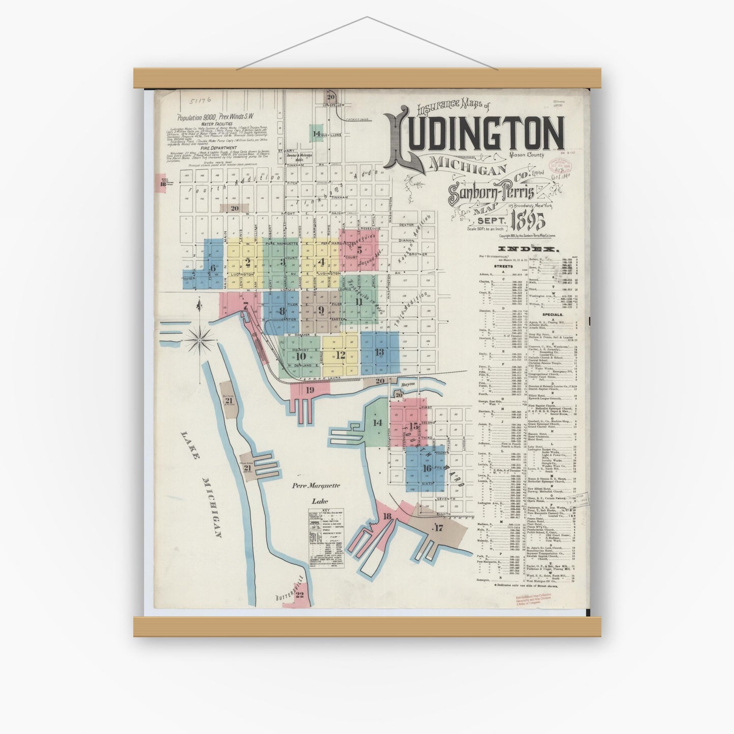 Old map wall art mockup — magnetic wood frame on white wall — Sanborn Fire Insurance Map from Ludington, Mason County, Michigan (1895) - Complete Map Set