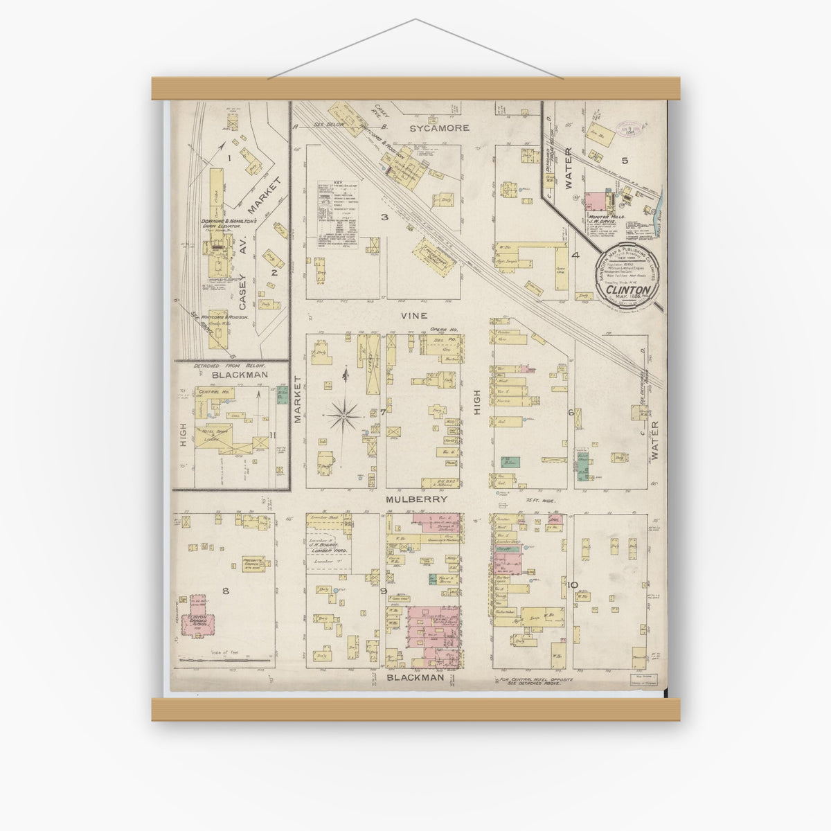 Old map wall art mockup — magnetic wood frame on white wall — Sanborn Fire Insurance Map from Clinton, Vermillion County, Indiana (1886), Sheet #0001