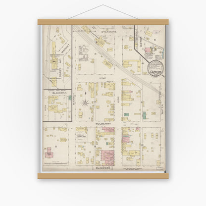 Old map wall art mockup — magnetic wood frame on white wall — Sanborn Fire Insurance Map from Clinton, Vermillion County, Indiana (1886), Sheet #0001