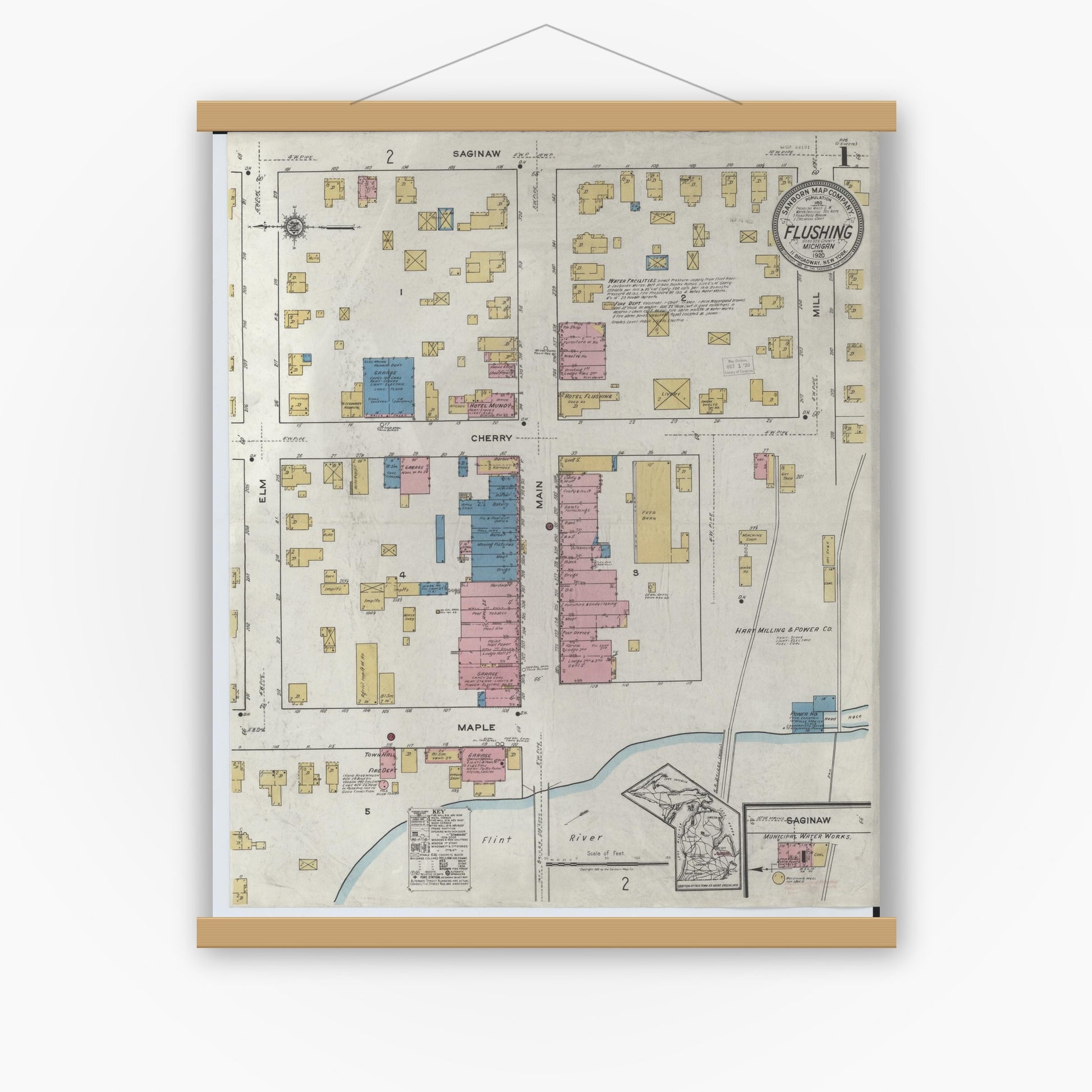 Old map wall art mockup — magnetic wood frame on white wall — Sanborn Fire Insurance Map from Flushing, Genesee County, Michigan (1920) - Complete Map Set