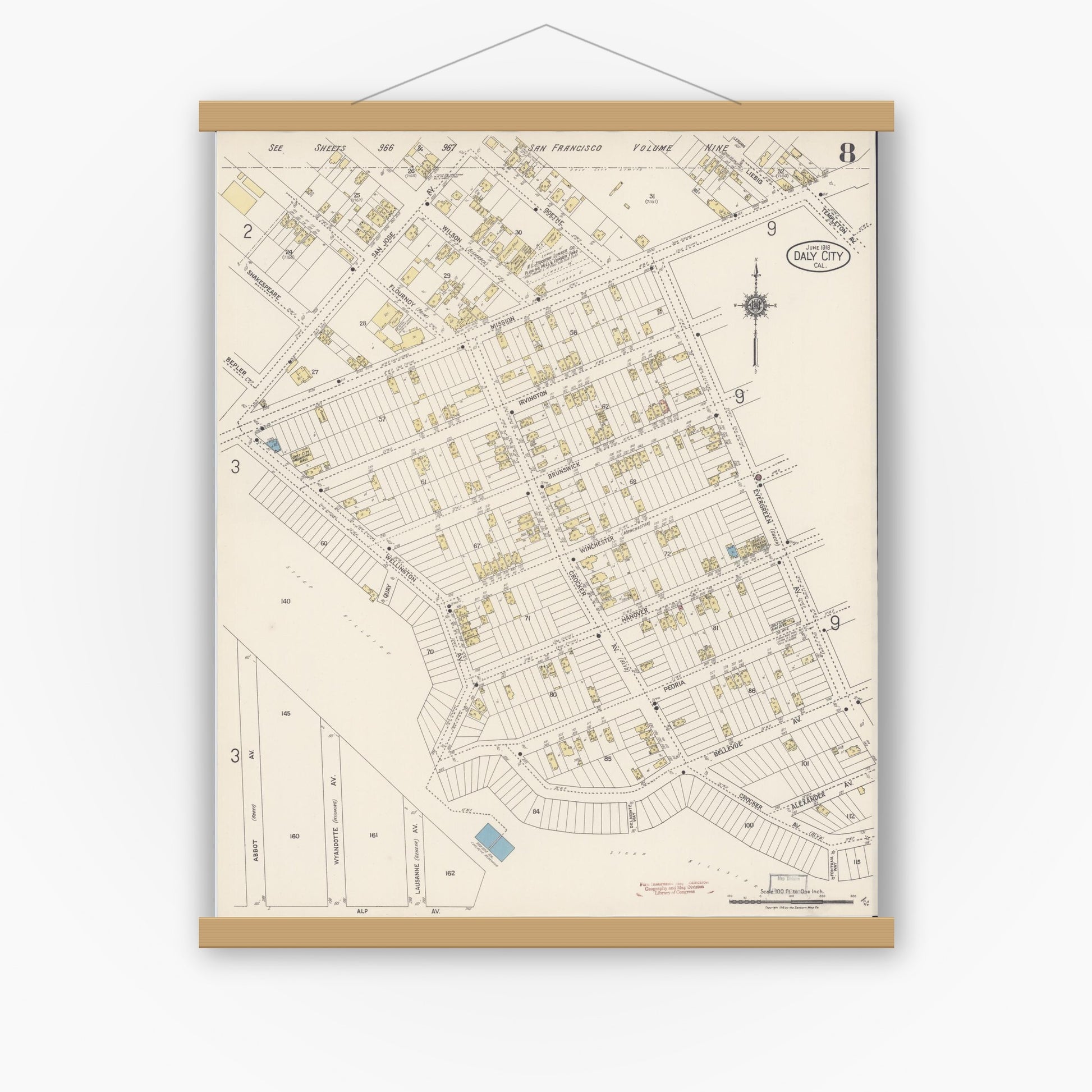 Old map wall art mockup — magnetic wood frame on white wall — Sanborn Fire Insurance Map from Daly City, San Mateo County, California (1918), Sheet #0008