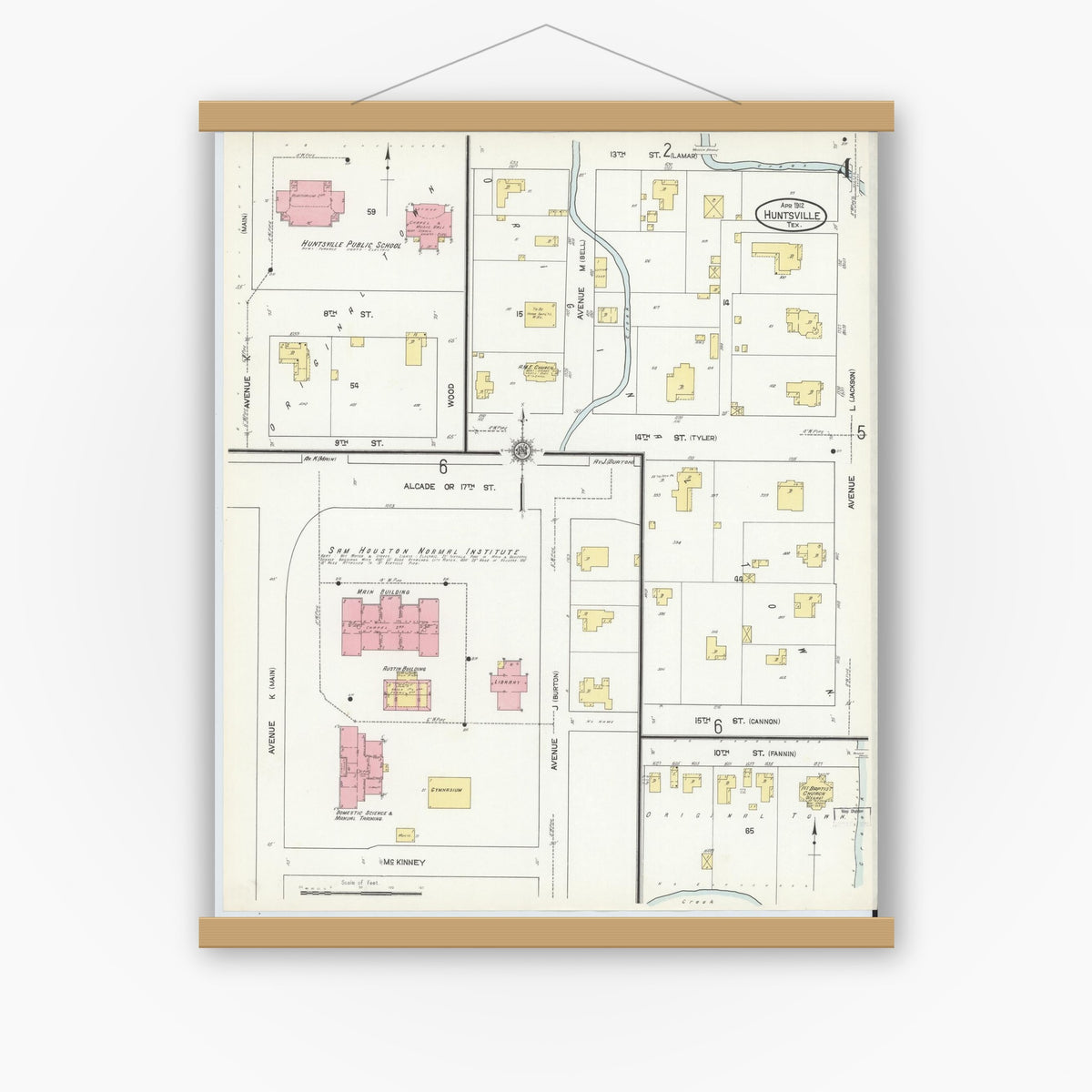 Old map wall art mockup — magnetic wood frame on white wall — Sanborn Fire Insurance Map from Huntsville, Walker County, Texas (1912), Sheet #0004
