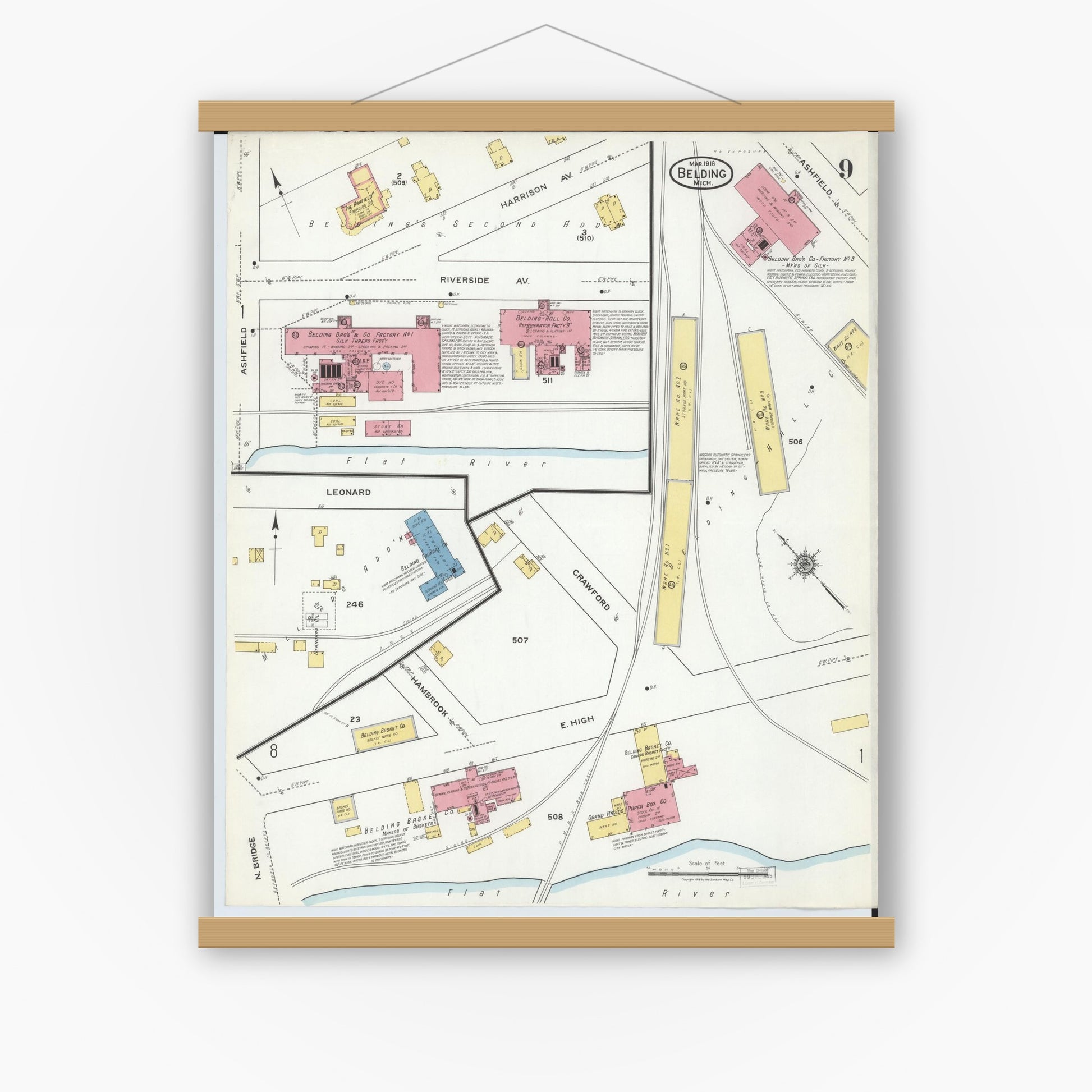 Old map wall art mockup — magnetic wood frame on white wall — Sanborn Fire Insurance Map from Belding, Ionia County, Michigan (1918), Sheet #0009