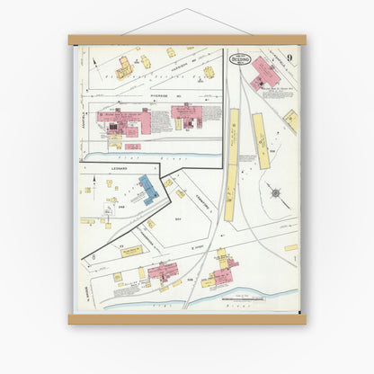 Old map wall art mockup — magnetic wood frame on white wall — Sanborn Fire Insurance Map from Belding, Ionia County, Michigan (1918), Sheet #0009