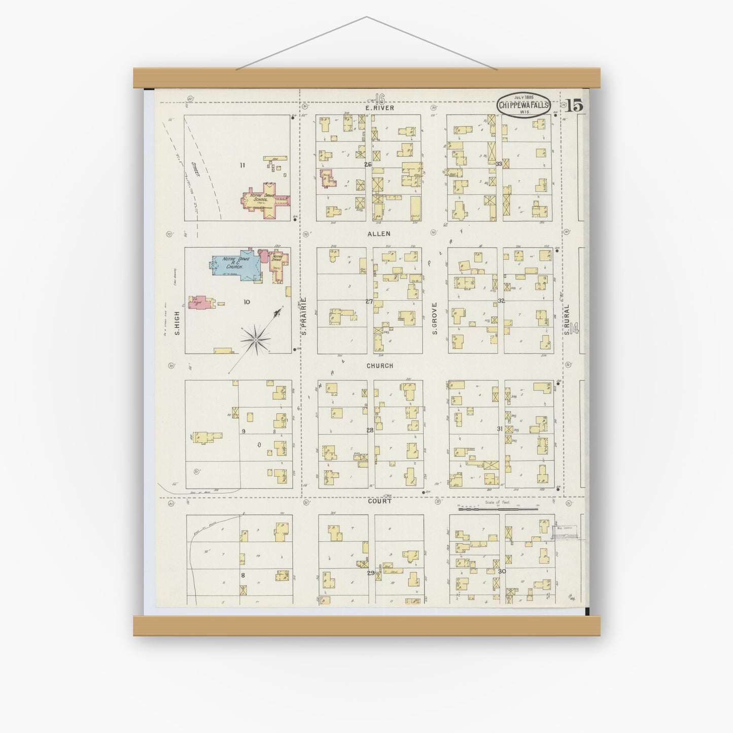 Old map wall art mockup — magnetic wood frame on white wall — Sanborn Fire Insurance Map from Chippewa Falls, Chippewa County, Wisconsin (1895), Sheet #0015