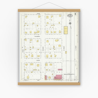 Old map wall art mockup — magnetic wood frame on white wall — Sanborn Fire Insurance Map from West, McLennan County, Texas (1921), Sheet #0005